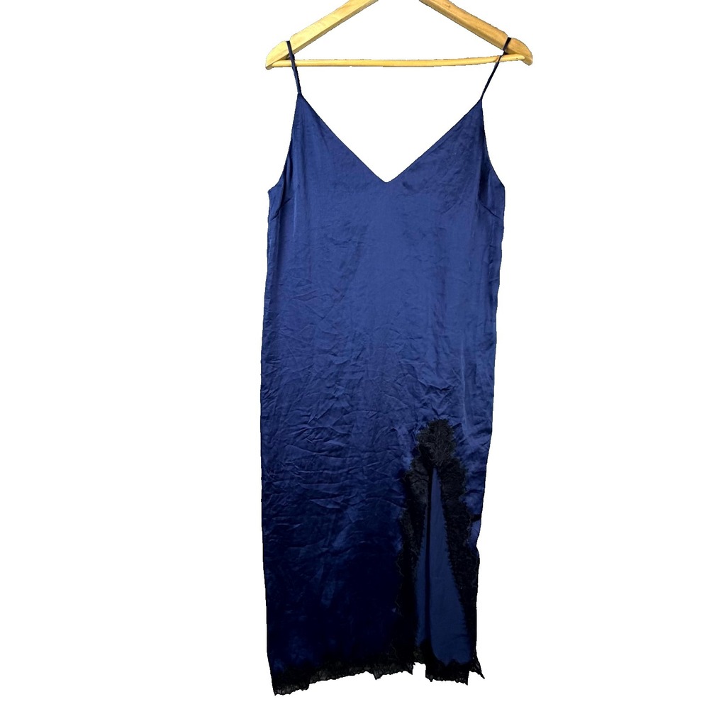 Wilfred Aritzia Only Slip Midi Dress Women Medium Navy Blue Satin Lace Trim Slit